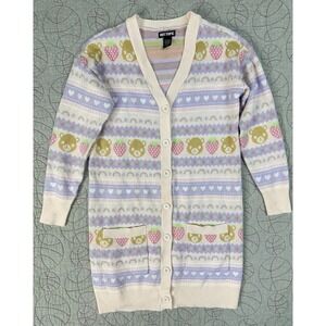 Hot Topic Pastel Teddy Bear & Strawberries Oversized Long Cardigan / Size Small